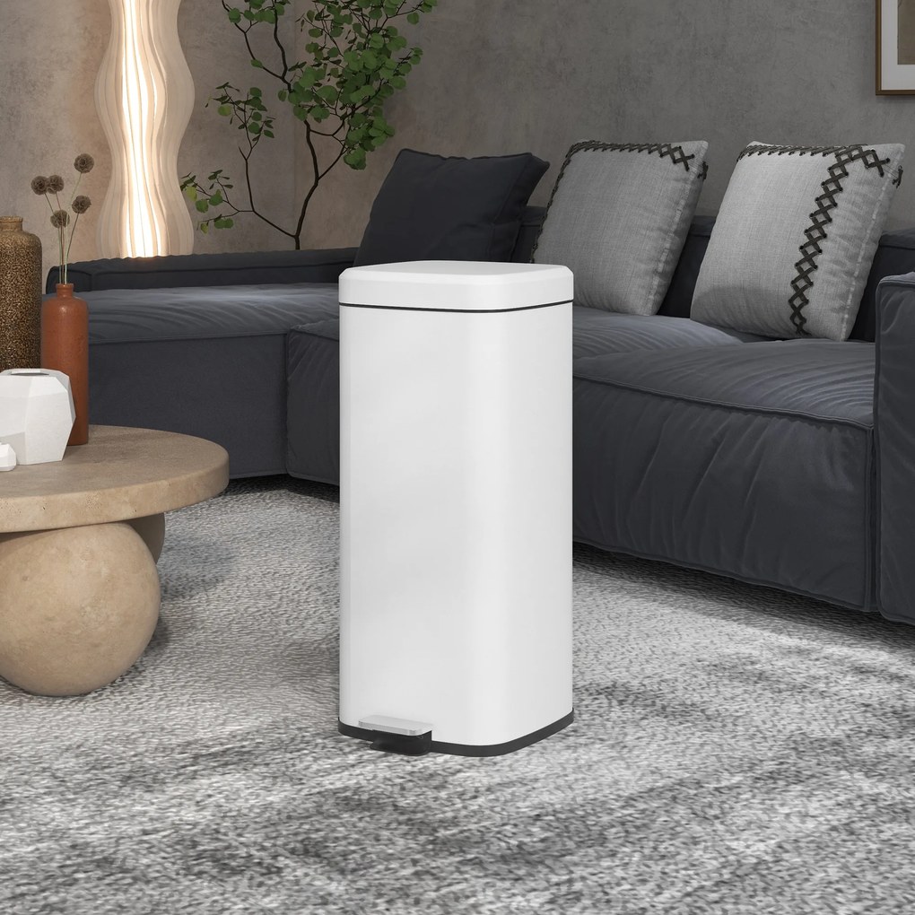 HOMCOM Coș de gunoi de bucătărie 30L cu capac cu închidere moale și pedale, găleată interioară detașabilă, 28L x 35l x 63,5H cm, alb | Aosom Romania