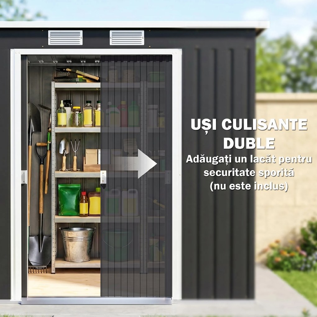 Outsunny Adăpost de Grădină Metalic în Alipire cu Kit de Fundație, Ușă Dublă, Ventilații și Acoperiș Înclinat, Gri | Aosom Romania
