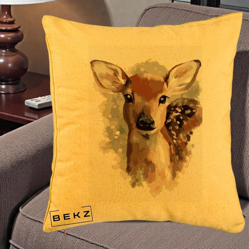 Perna Decorativa Caprioara Pui Acuarela, 40x40 cm, Galben, Husa Detasabila, Perna Inclusa, BEKZ®