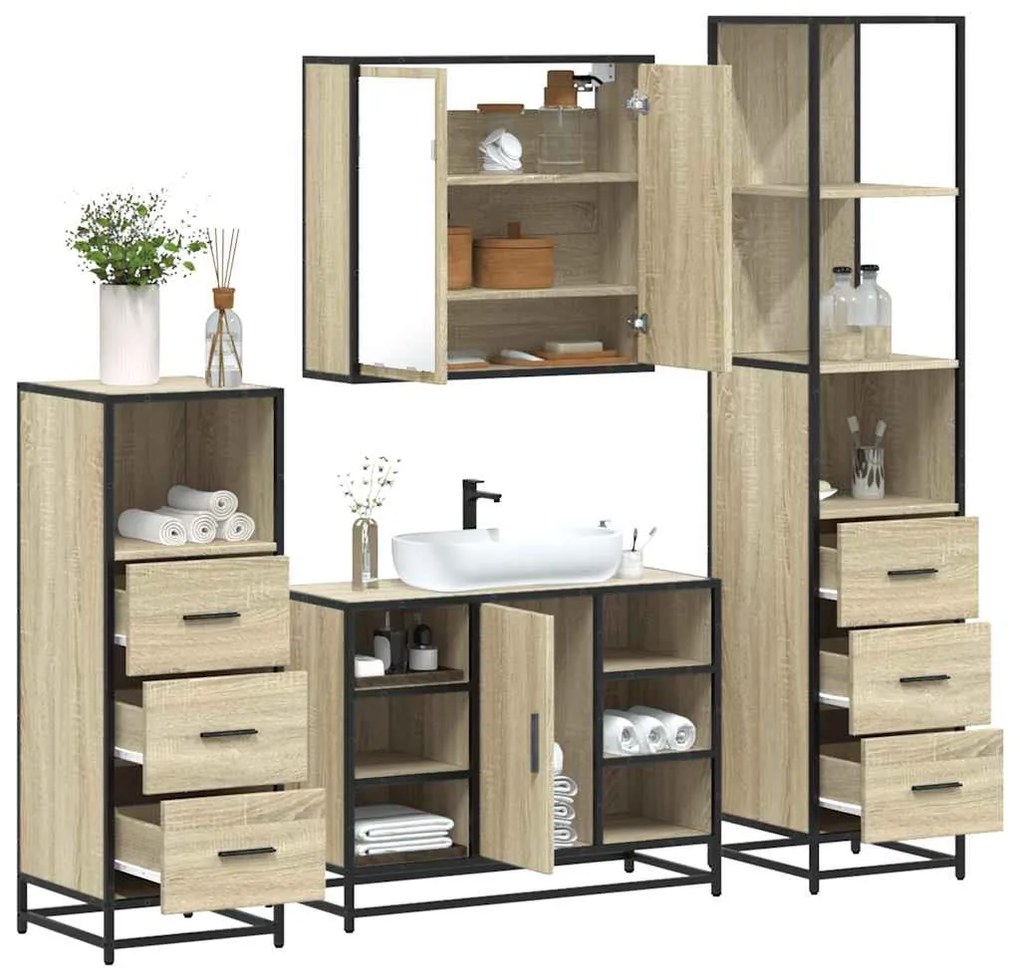 vidaXL Set de mobilier de baie din 4 piese din lemn de stejar Sonoma