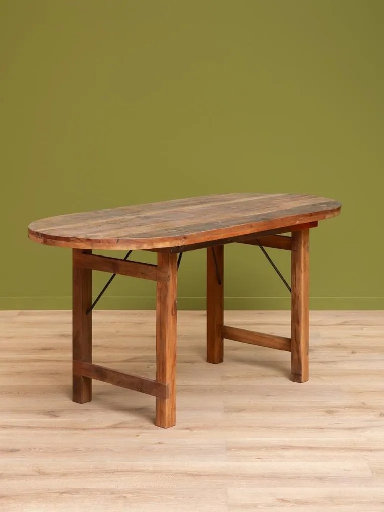 Masă pliabilă ovală din lemn reciclat și metal, cu blat patinat și picioare pliabile, natur, finisaj vintage, 165×77.5×71 cm, „Marolles"