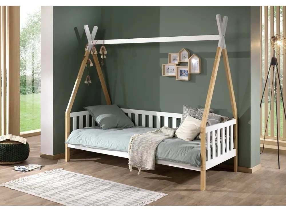 Pat pentru copii cu barieră Vipack Tipi, 90 x 200 cm, alb