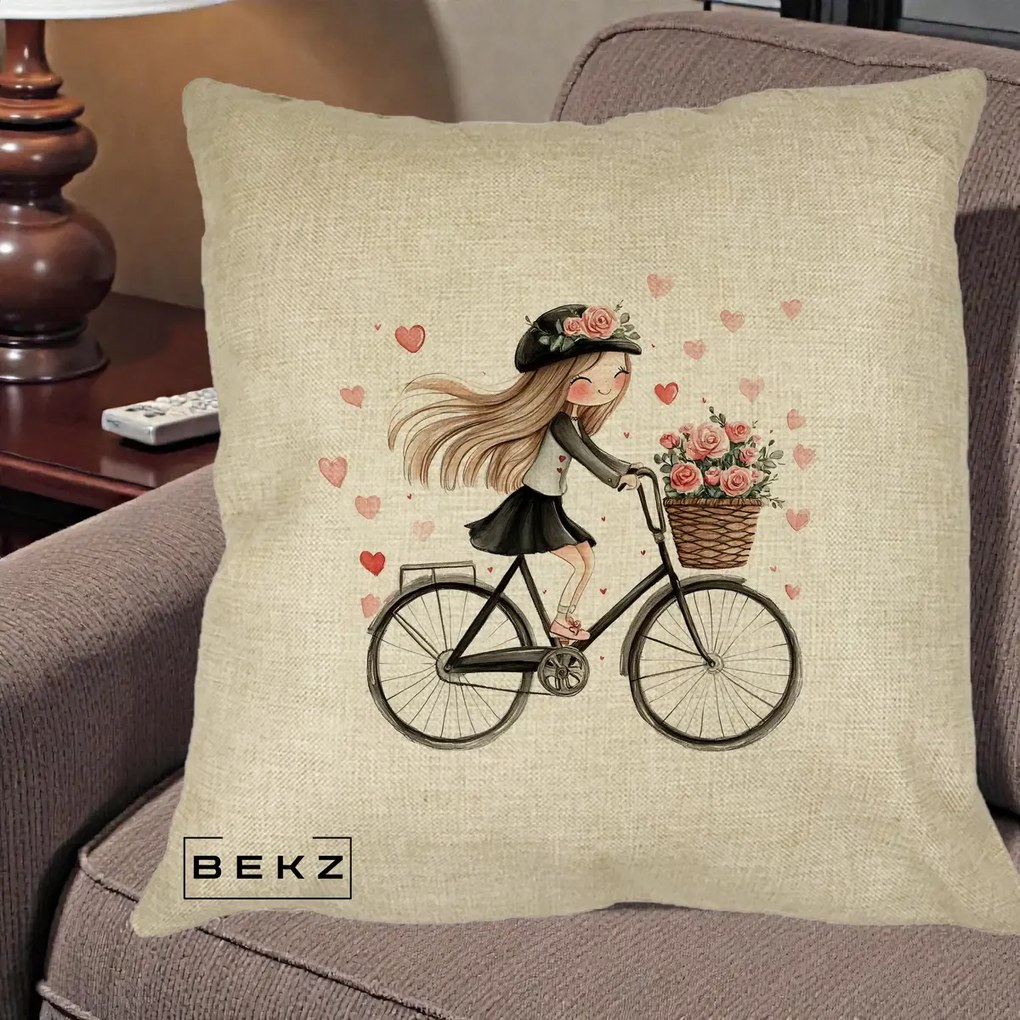 Perna Decorativa Fetita Kawaii pe Bicicleta cu Trandafiri si Inimioare, 40x40 cm, Crem, Husa Detasabila, Perna Inclusa, BEKZ®