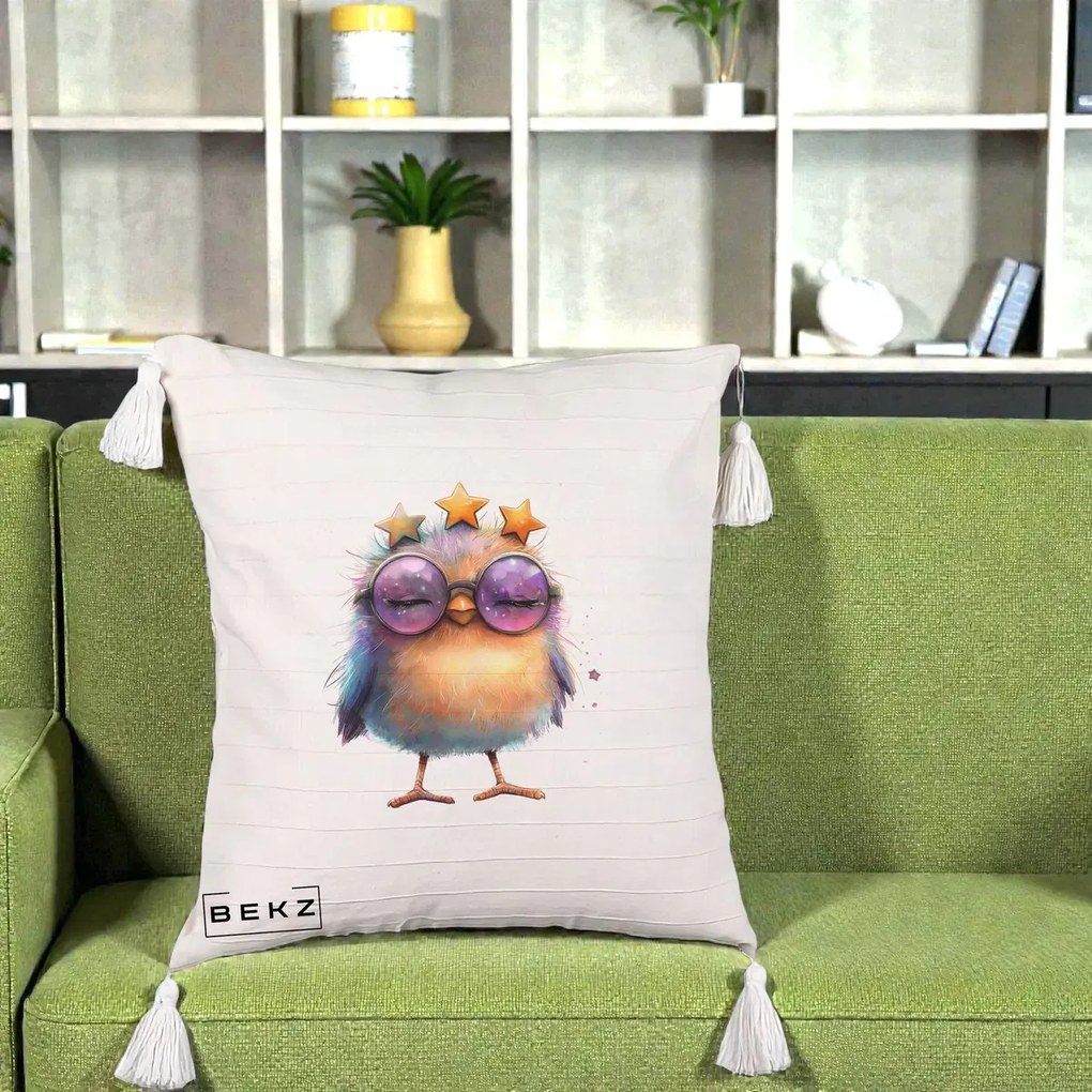 Perna Decorativa Pui Pop Star cu Ochelari Stele Violet, 40x40 cm, Bej cu Franjuri, Husa Detasabila, Perna Inclusa, BEKZ®