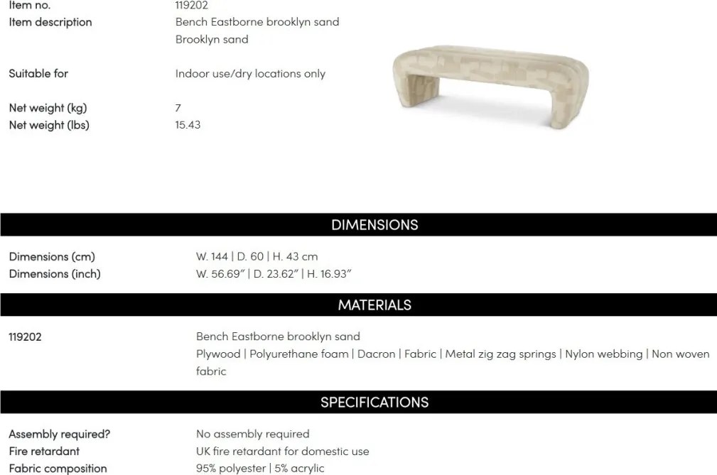 Bancheta eleganta design LUX Eastborne, Brooklyn sand