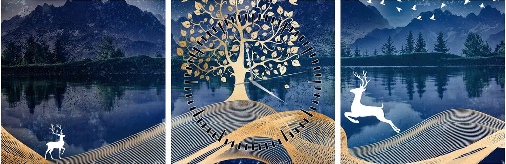 Tablou - Cerbi în luna plină (cu ceas) (90x30 cm)