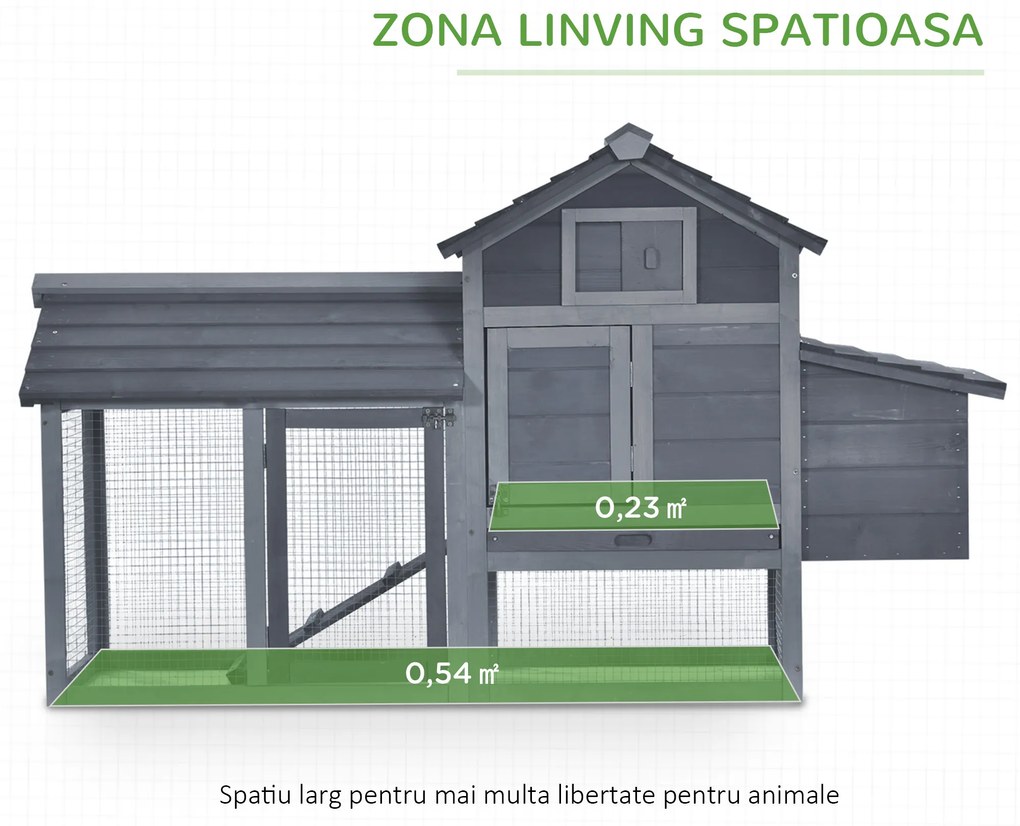 PawHut Coteț prefabricat din lemn pentru 2 găini cu gard pentru grădină 150.5 x 54 x 87cm, gri închis | Aosom Romania