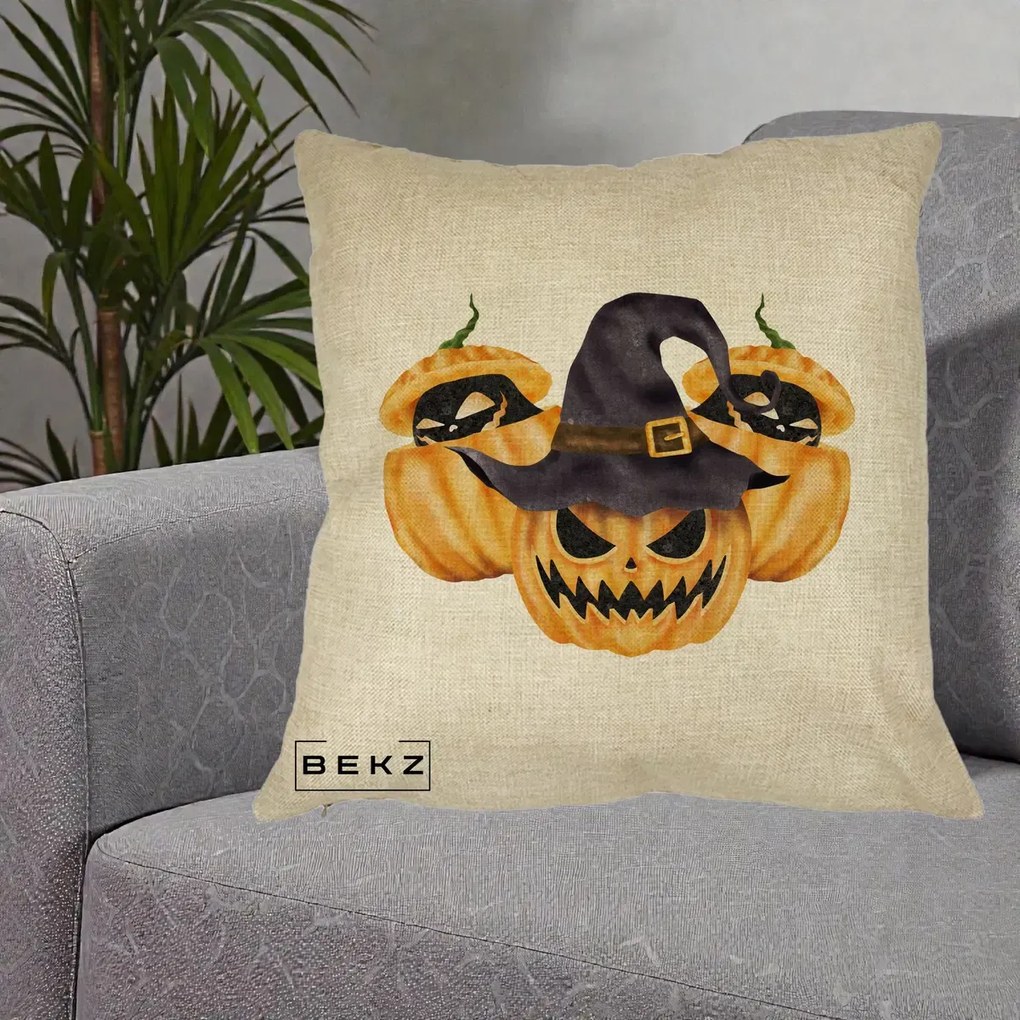 Perna Decorativa Trio Dovleci Jack-o-Lantern cu Palarie Vrajitoare, 40x40 cm, Crem, Husa Detasabila, Perna Inclusa, BEKZ®
