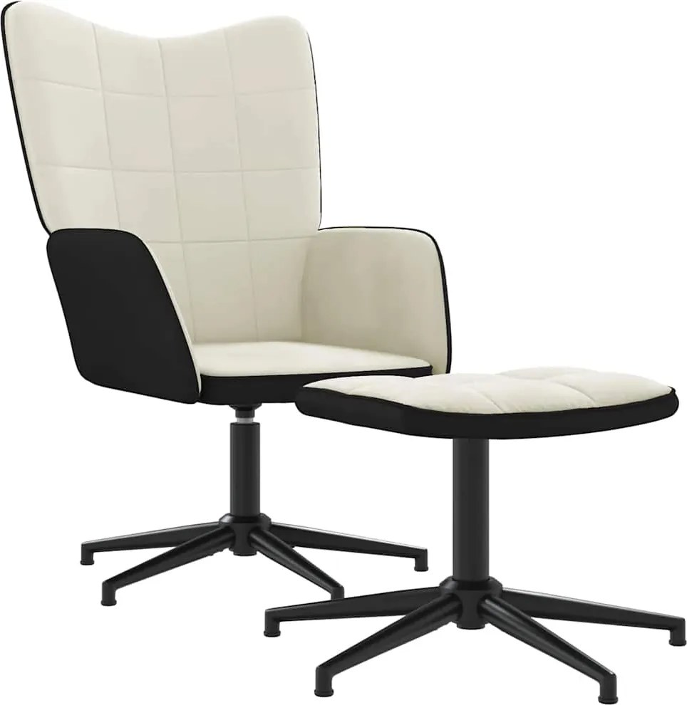 vidaXL Scaun de relaxare cu taburet, alb crem, catifea și PVC