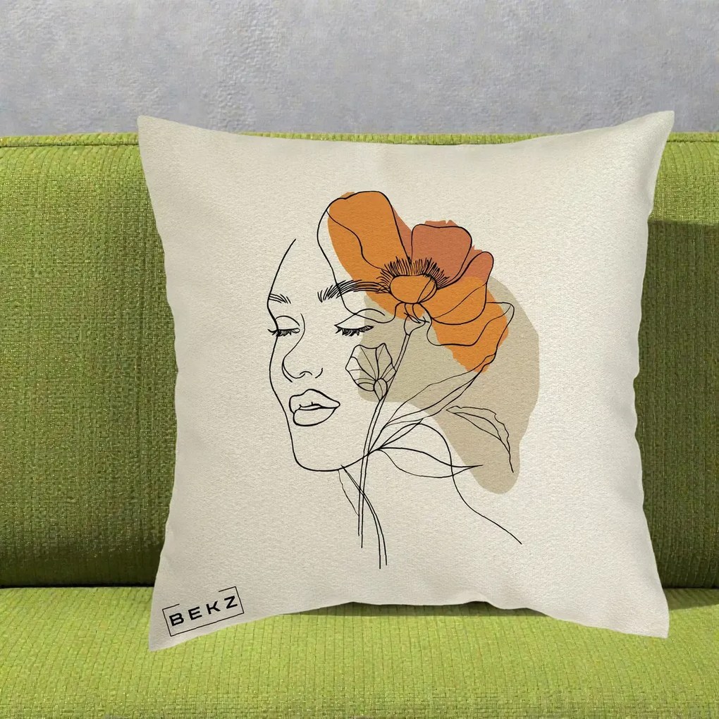 Perna Decorativa Portret Feminin Mac Mare Portocaliu, 40x40 cm, Ecru, Husa Detasabila, Perna Inclusa, BEKZ®