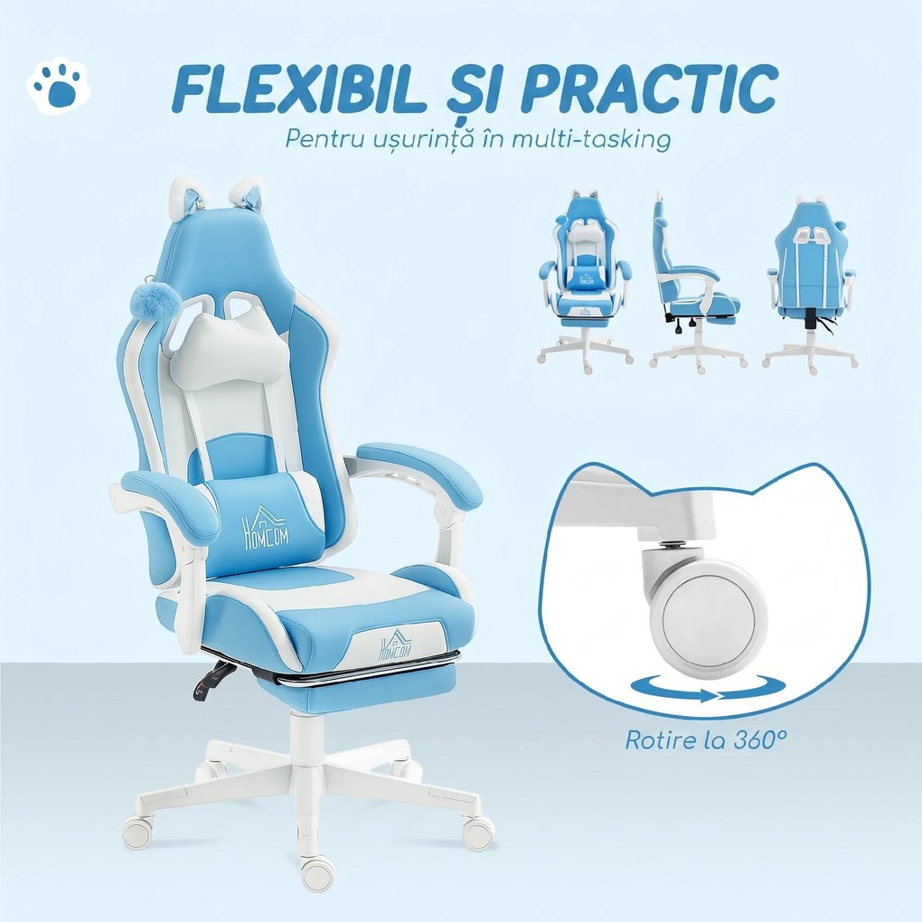 HOMCOM Scaun de gaming reclinabil cu suport pentru picioare și perne, 65x62x124 cm, alb și albastru | Aosom Romania