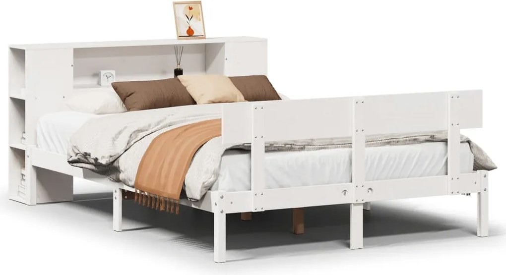 vidaXL Pat cu bibliotecă fără saltea, alb, 135x190 cm, lemn masiv pin