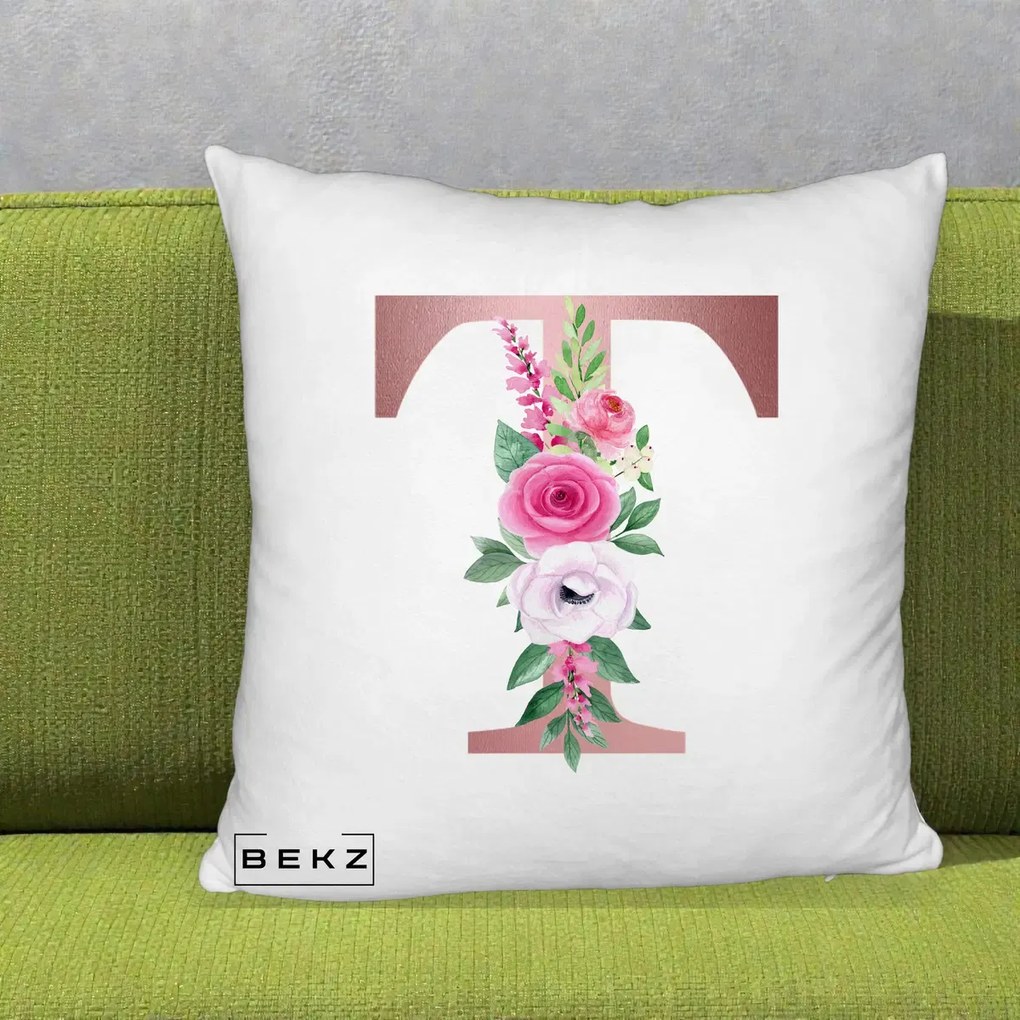 Cadou Personalizat - Perna Personalizata Monograma Rose Gold Litera T, 40x40 cm, Alb Pufos, Husa Detasabila, Perna Inclusa, BEKZ®