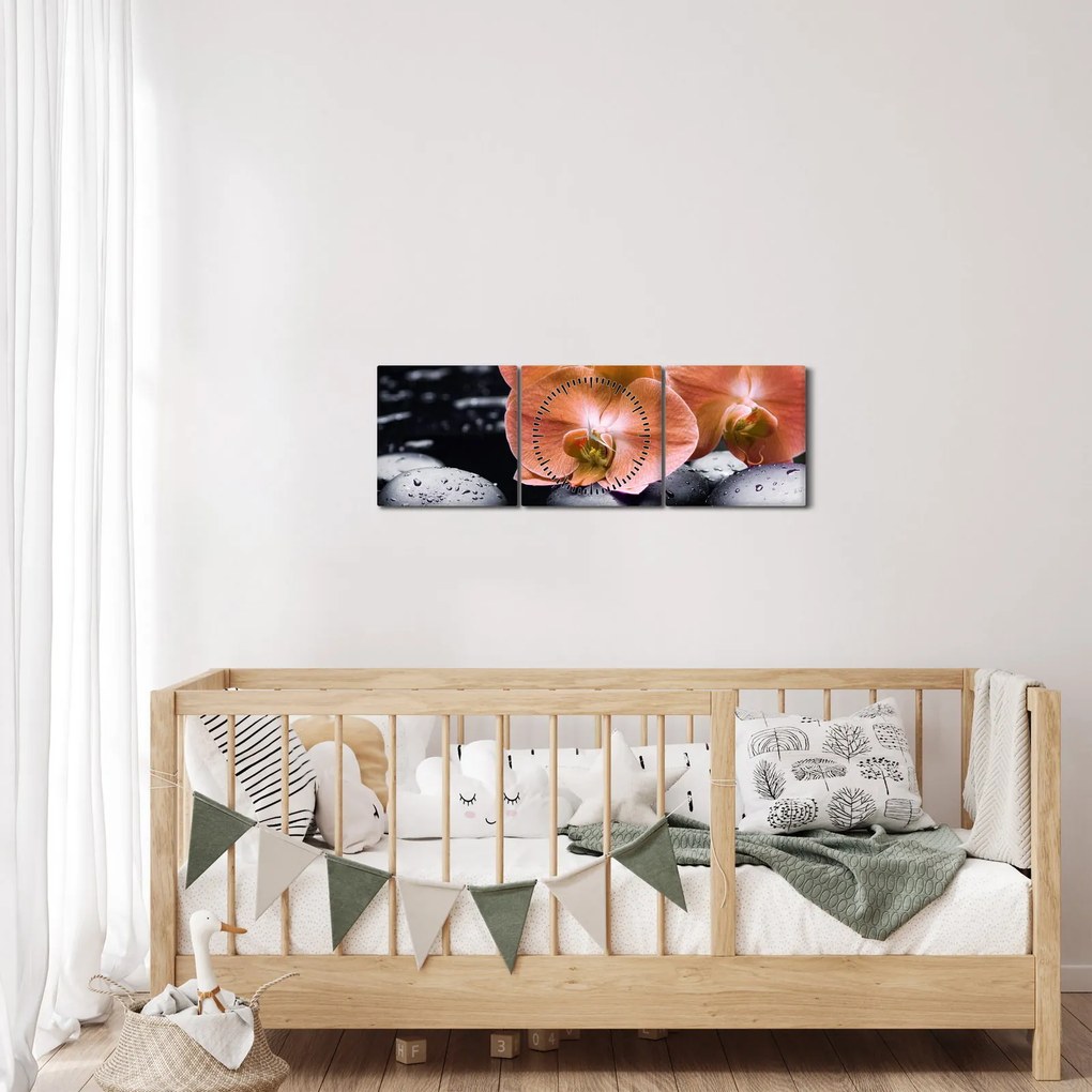 Tablou - Orhidee portocalie cu frunze de palmier (cu ceas) (90x30 cm)