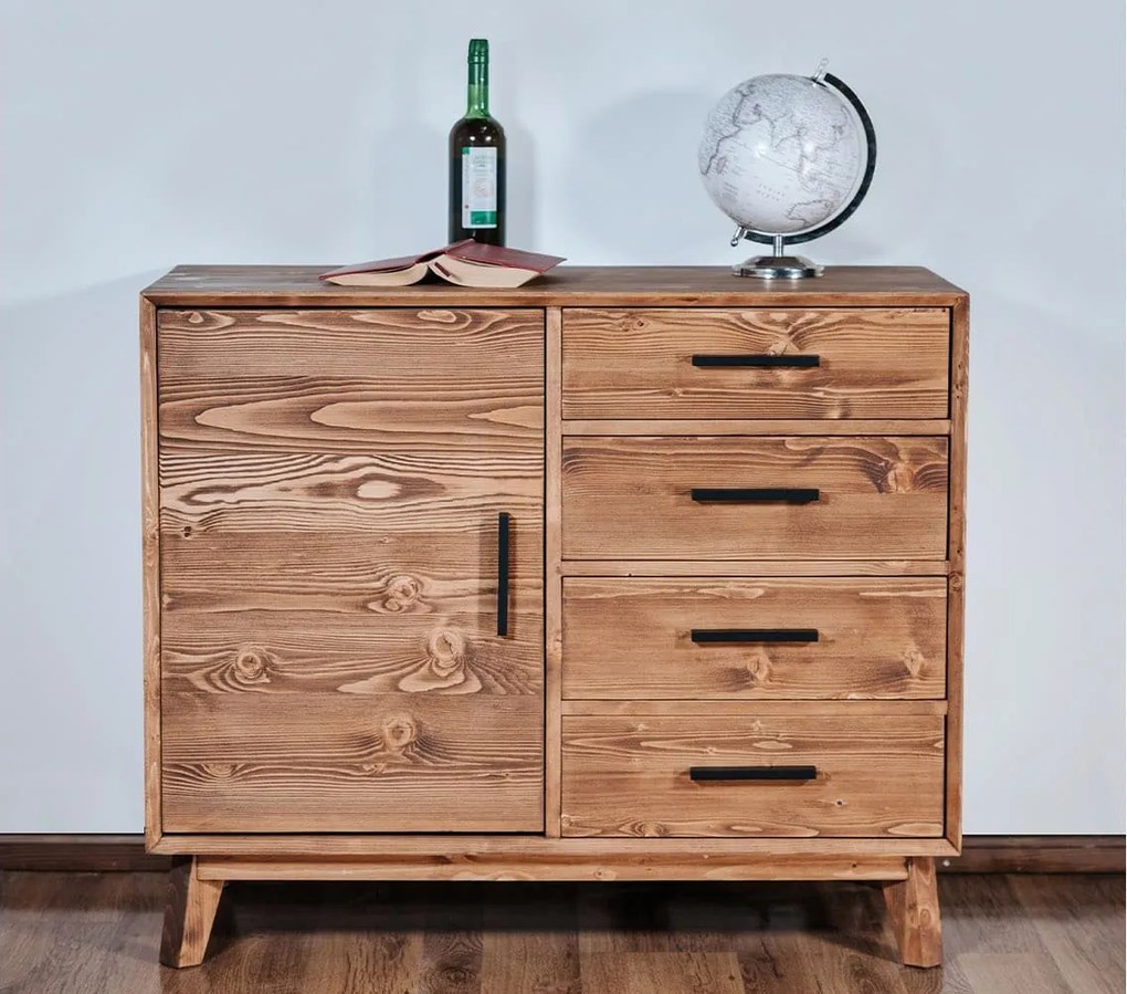 Comodă lemn masiv Timeless 4 Sertare 1 Ușă Whisky, 98 × 45 × 85 cm