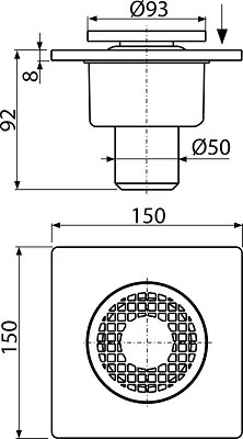 Sifon pardoseala 150Ã 150 50 mm iesire verticala, gratar de plastic gri, sistem de retinere a mirosurilor umed APV4