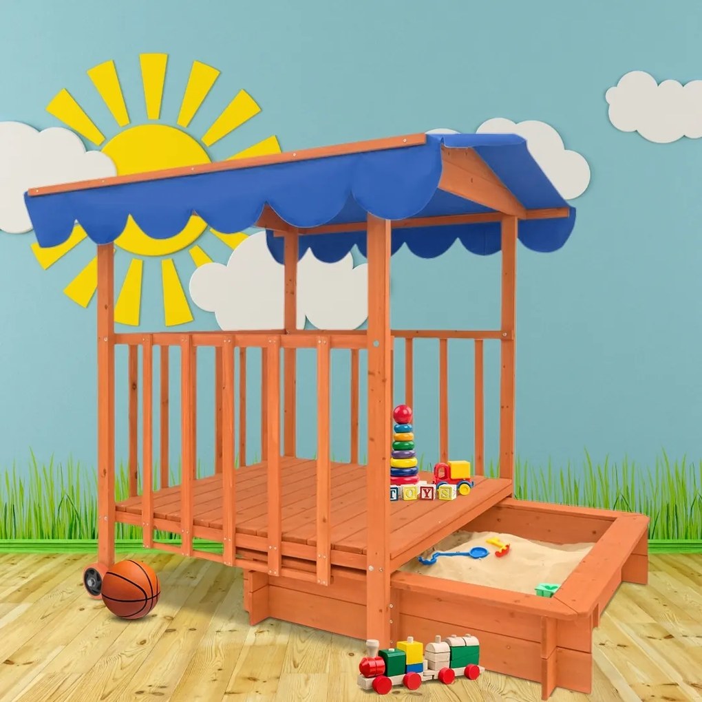 Groapa cu nisip cu verandă HAPPY, 130x130x143cm, maro/albastru Jurhan