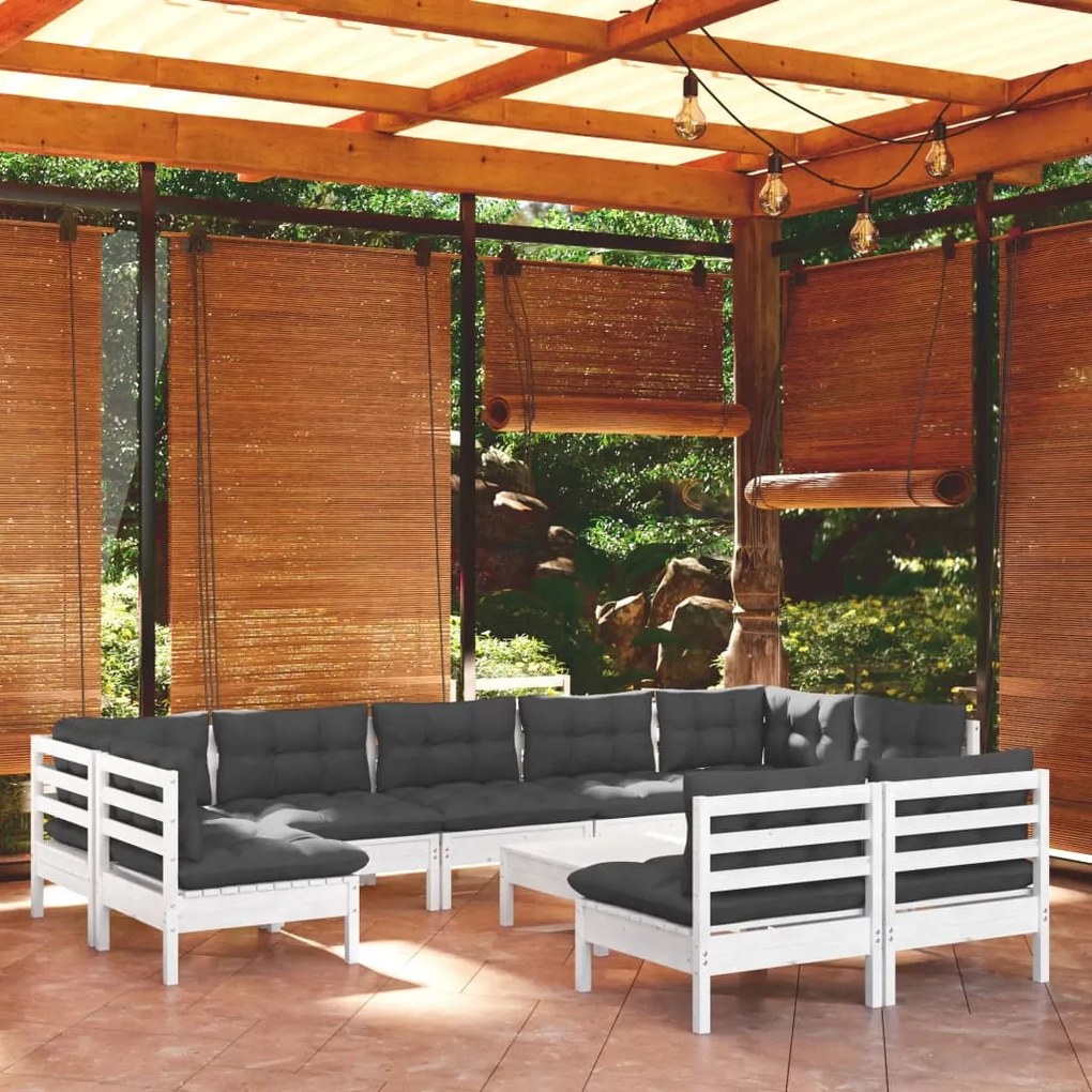 vidaXL Set mobilier grădină cu perne, 10 piese, alb, lemn masiv pin
