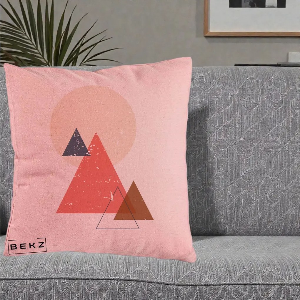 Perna Decorativa Geometric Munti si Soare, 40x40 cm, Roz, Husa Detasabila, Perna Inclusa, BEKZ®