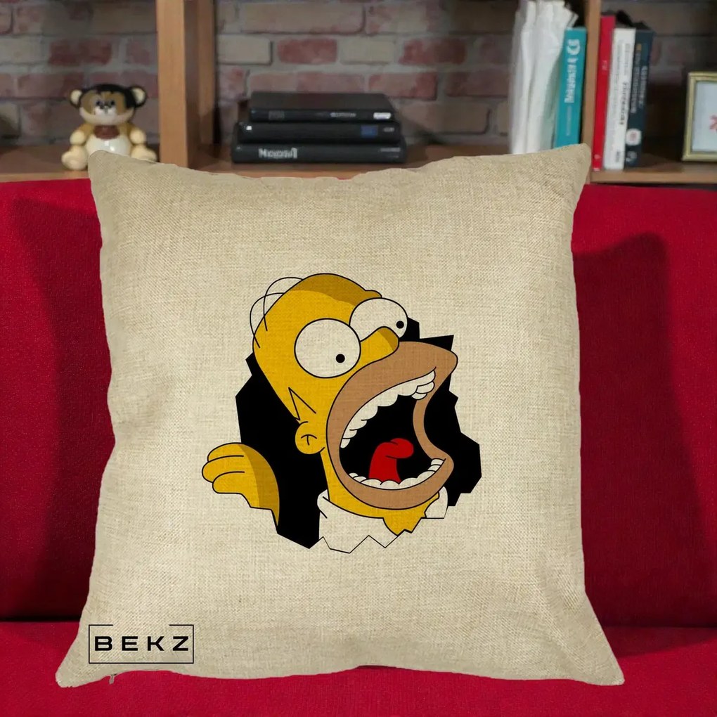 Perna Personalizata Homer Simpson Surpriza, 40x40 cm, Crem, Husa Detasabila, Perna Inclusa, BEKZ®