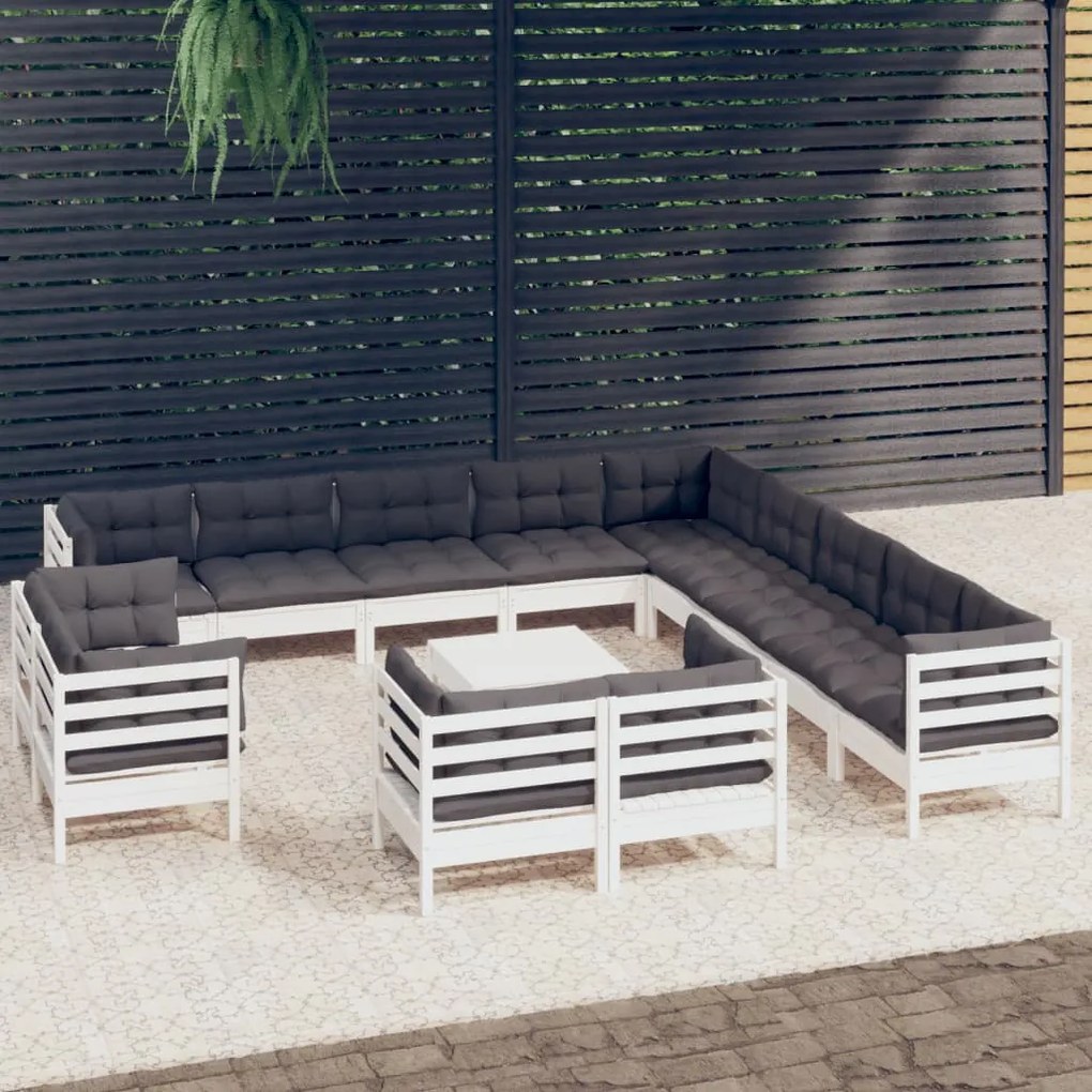 vidaXL Set mobilier grădină cu perne, 14 piese, alb, lemn masiv pin