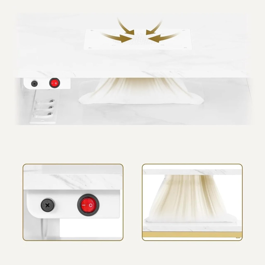 MANIAU201 - Masuta manichiura, 112 cm, cu aspirator incorporat, masa cosmetica - Alb - Imitatie de marmura - Auriu