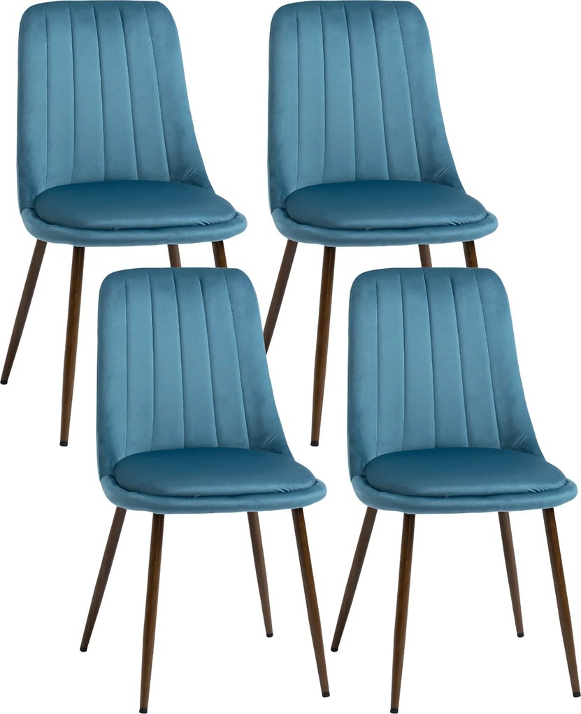 Set de 4 Scaune de Masa HOMCOM, de Bucatarie Moderne cu Tapiterie de Catifea, Spatar Curbat si Picioare de Otel, Albastru | Aosom Romania