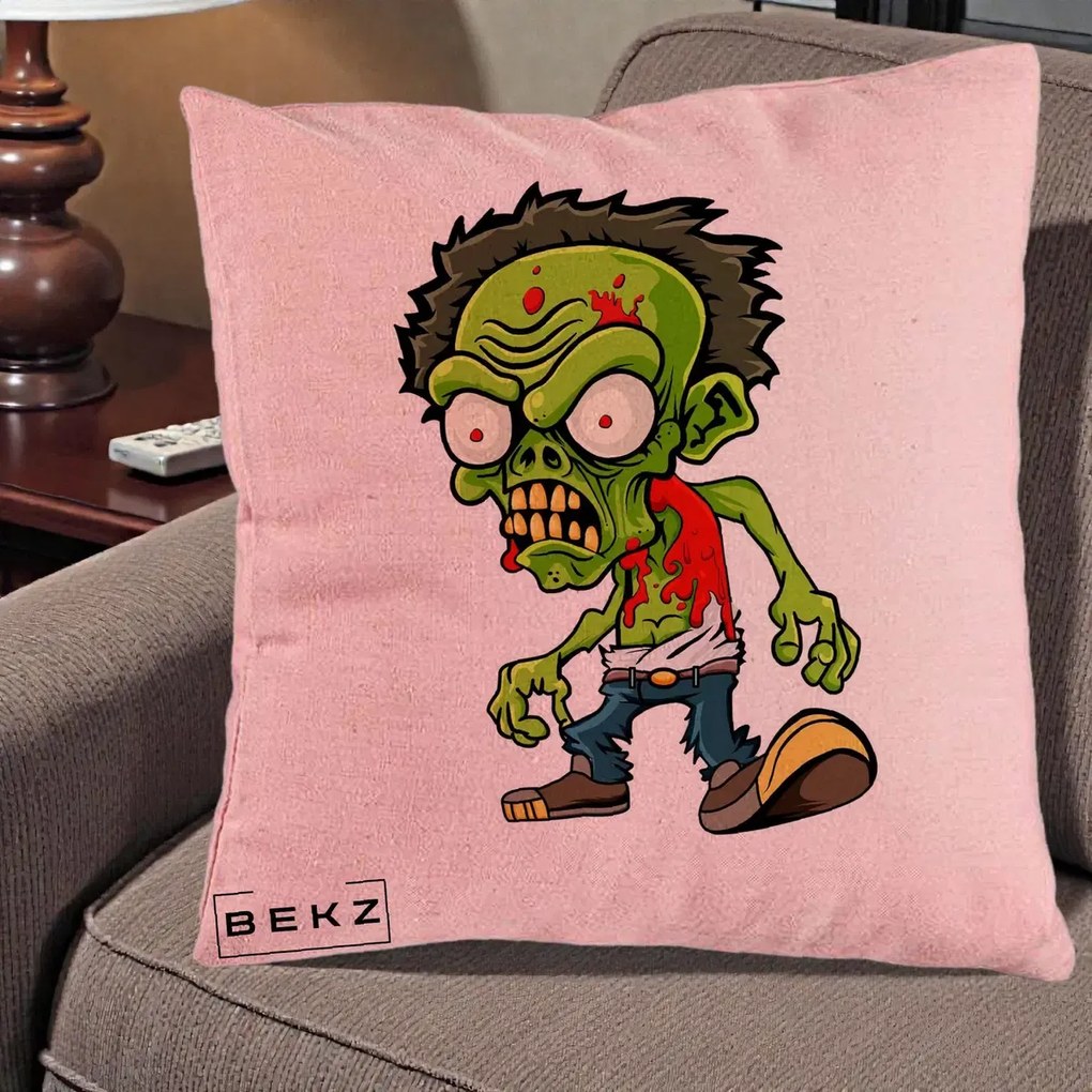 Perna Decorativa Zombie Halloween, 40x40 cm, Roz, Husa Detasabila, Perna Inclusa, BEKZ®
