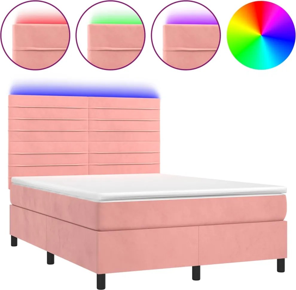 vidaXL Pat cu arcuri, cu saltea și LED, roz, 140x190 cm catifea