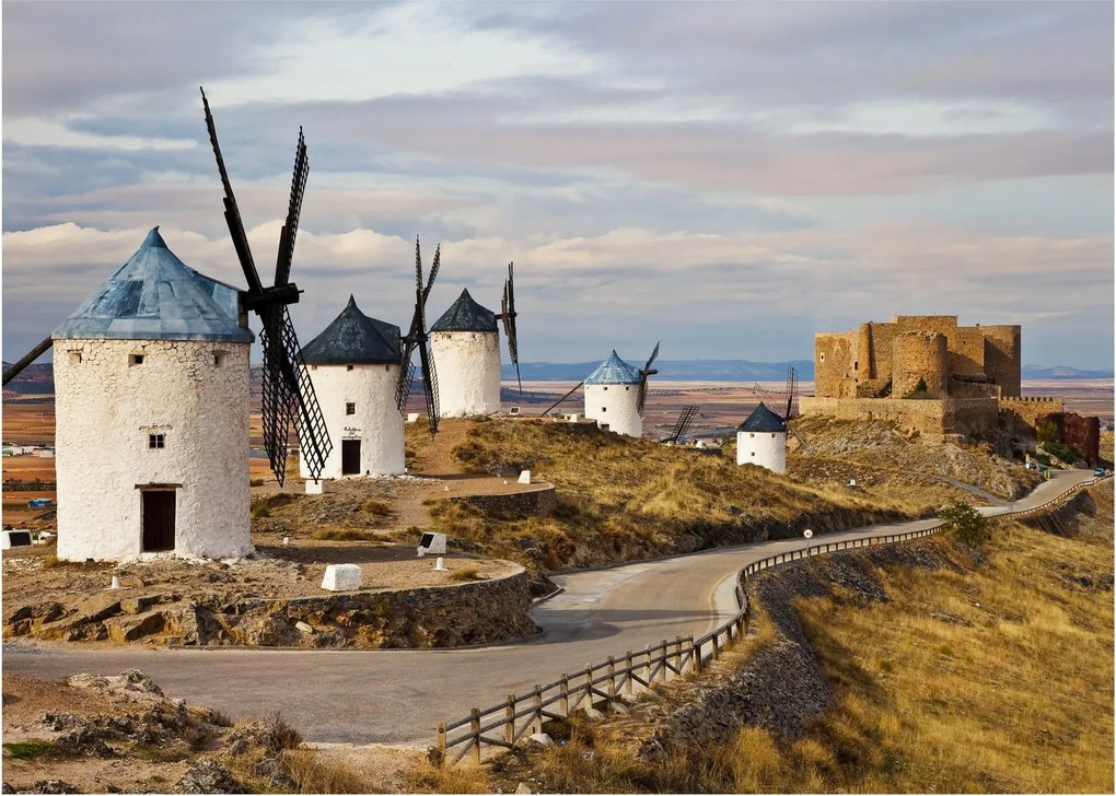 Tablou pe sticlă - Morile de vânt din Consuegra, Spania (70x50 cm)