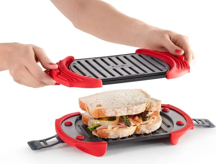 Grill pentru cuptorul cu microunde Lekue 1009081, 25,2 x 14,8 x 5,4 cm, Silicon platinat, Otel cu acoperire antiaderenta, 0 /+240 °C, Roșu