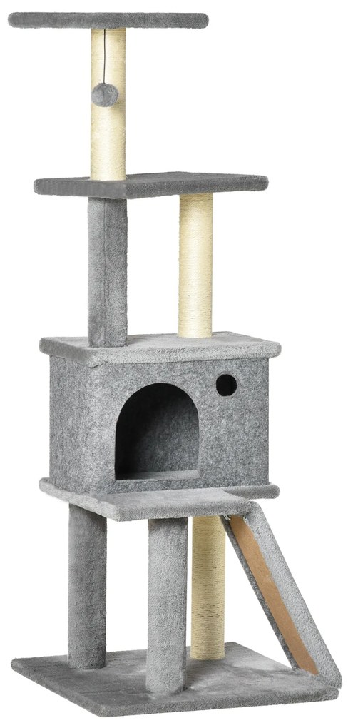 PawHut Copac pentru Pisici pe Mai Multe Niveluri cu Căsuță, Scară și Stâlpi din Sisal, Gri | Aosom Romania
