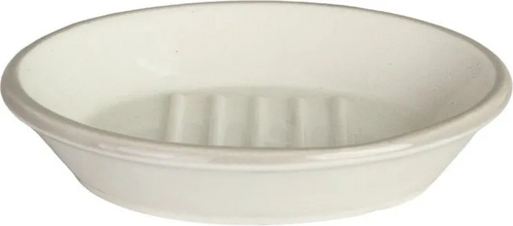 Săpunieră din ceramică artizanală albă cu bordură natur, formă ovală, 14 × 10,5 × 3,2 cm, „Edith"