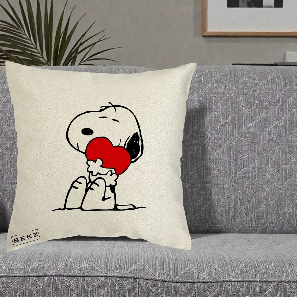 Perna Personalizata Snoopy cu Inima, 40x40 cm, Ecru, Husa Detasabila, Perna Inclusa, BEKZ®