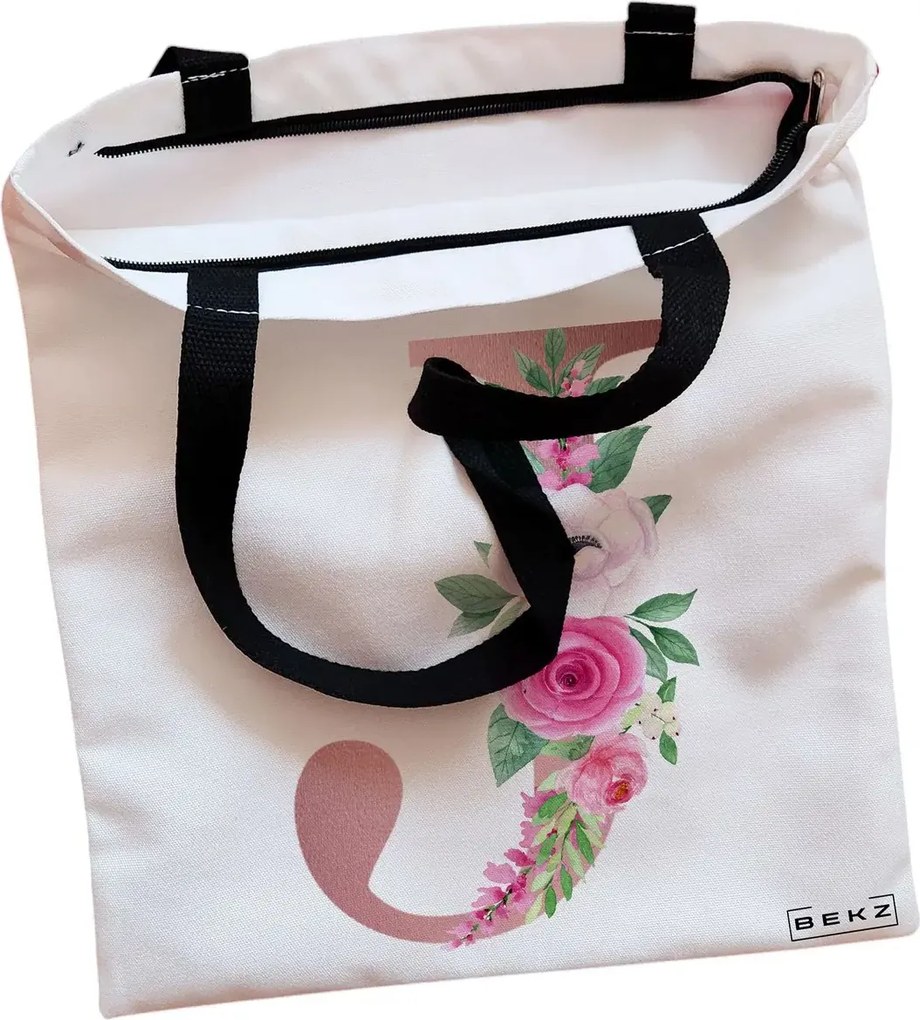 Sacosa de Panza pentru Cumparaturi, Geanta Tote, Cu litera J Rose Gold si Trandafiri, Cu fermoar, 38x34.5 cm, Alba, BEKZ®