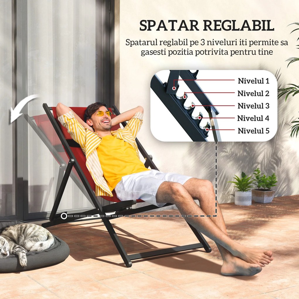 Outsunny Set de 2 Sezlonguri Rabatabile din Aluminiu și Textilene, Design Modern, pentru Terasă și Grădină, Roșu | Aosom Romania