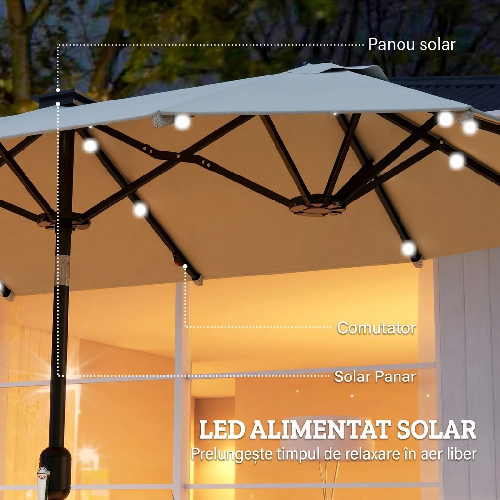 Outsunny Umbrelă dublă, umbrelă terasă, înclinabilă, cu panou solar, 35 LED-uri, cadru din oțel, bej, 2,92 x 1,50 x 2,18 m | Aosom Romania