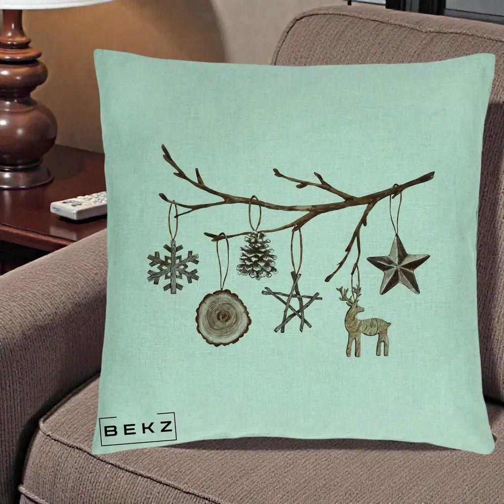 Perna Decorativa Ornamente de Lemn pe Ramura, 40x40 cm, Verde Menta, Husa Detasabila, Perna Inclusa, BEKZ®