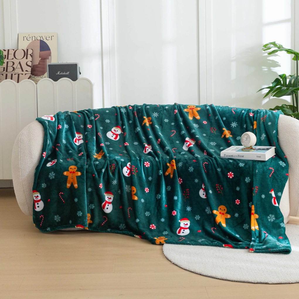 Patura microplus de Craciun SNOWMAN AND GINGERBREAD verde Dimensiuni: 150 x 200 cm