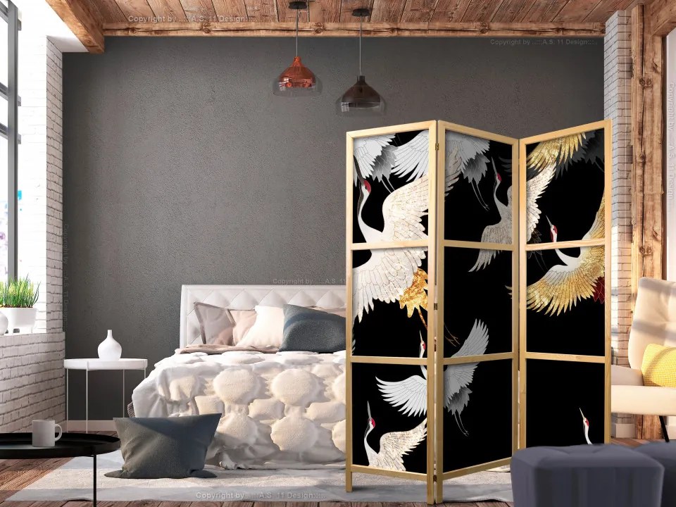 Paravan japonez - Cranes at Night - White and Gold Birds Flying Away on a Black Background