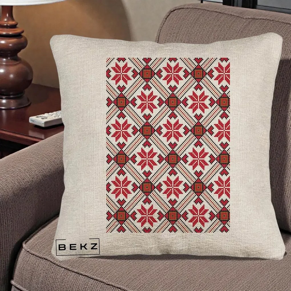 Perna Personalizata Motiv Traditional Ie Romaneasca Rosu, 40x40 cm, Bej Canapea, Husa Detasabila, Perna Inclusa, BEKZ®