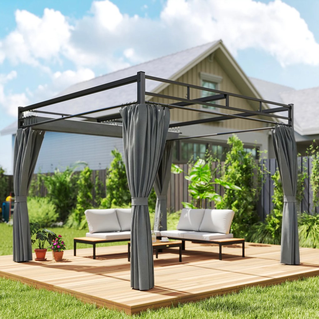 Outsunny Gazebo Pergolă 3x3 m cu Acoperiș Retractabil Glisant, 4 Pereți Laterali, Orificii de Drenare, Pergolă de Grădină din Poliester și Oțel, pentru Terasă, Curte, Exterior, UV30+, Gri Închis | Aosom Romania