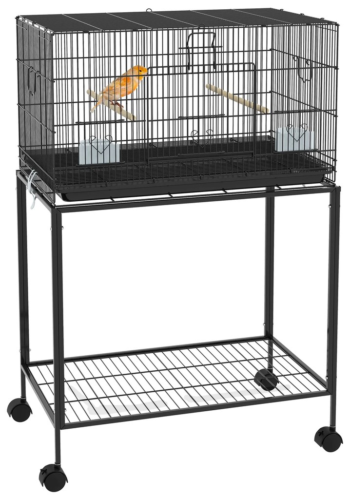 PawHut Colivie pentru Pasari cu Rotile 77x46x119 cm Cusca Metalica pentru Pasari cu Tava Detasabila 2 Suporturi 2 Hranitoare Negru | Aosom Romania
