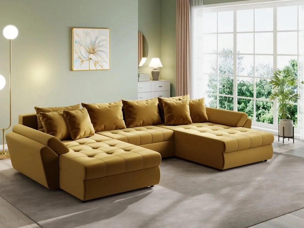 Colțar extensibil dumonde cu ladă de depozitare si sezut confortabil din spuma high-density, Loana U Royal Mustar 355x185 cm