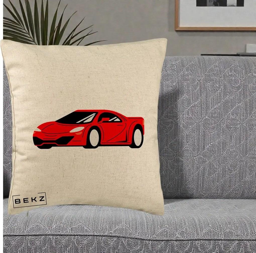 Perna Personalizata Masina Sport Rosie Grafic, 40x40 cm, Bej, Husa Detasabila, Perna Inclusa, BEKZ®