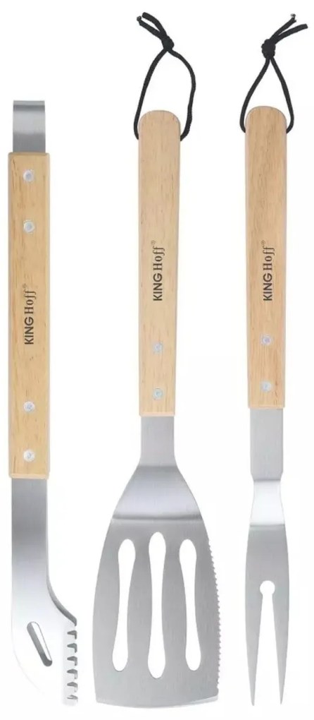 Set 3 ustensile pentru gratar Kinghoff KH1918, inox, manere din lemn