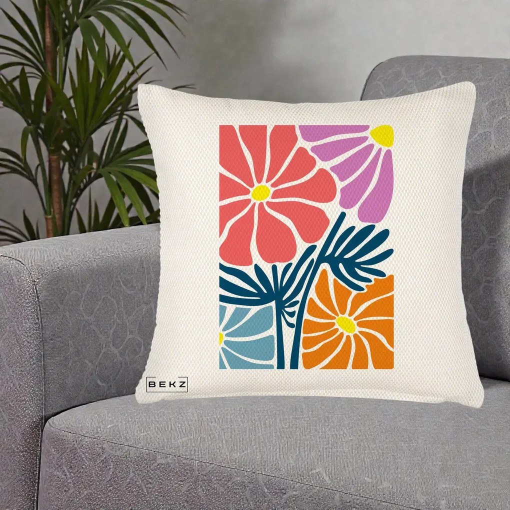 Perna Decorativa Flori Grafice Roz-Orange-Albastru, 40x40 cm, Crem Reliefat, Husa Detasabila, Perna Inclusa, BEKZ®