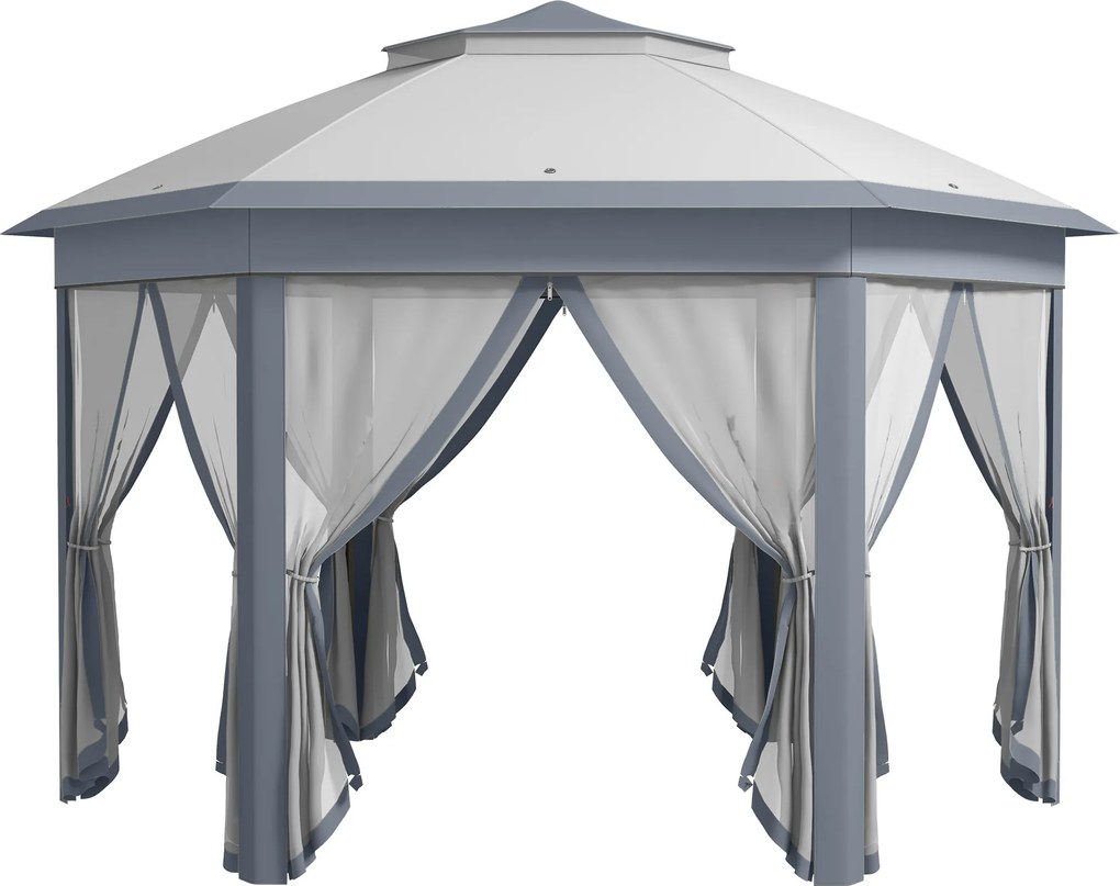 Outsunny Pavilion pliabil 4 x 4m, design hexagonal, perdele din plasă, rezistent la apă, acoperiș ventilat, Gri+Alb | Aosom Romania