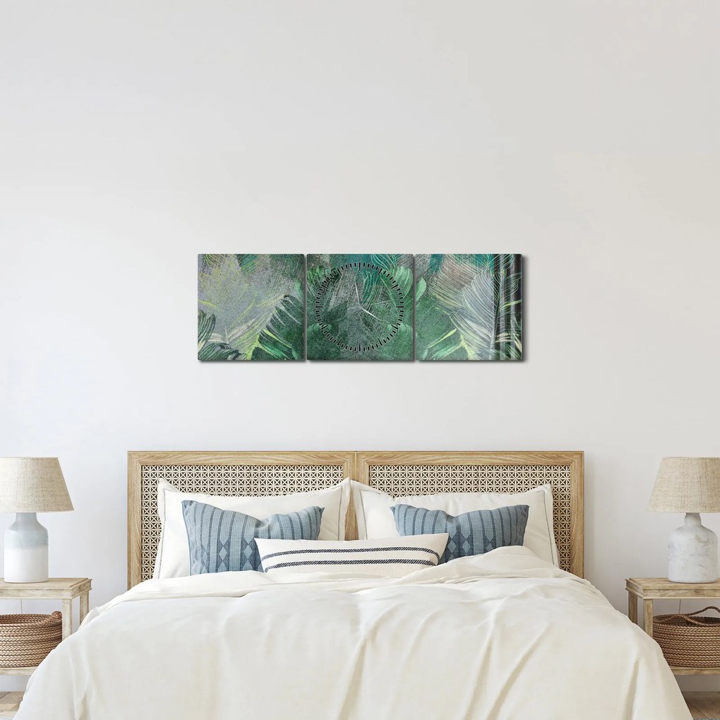 Tablou - Textura de beton cu frunze (cu ceas) (90x30 cm)