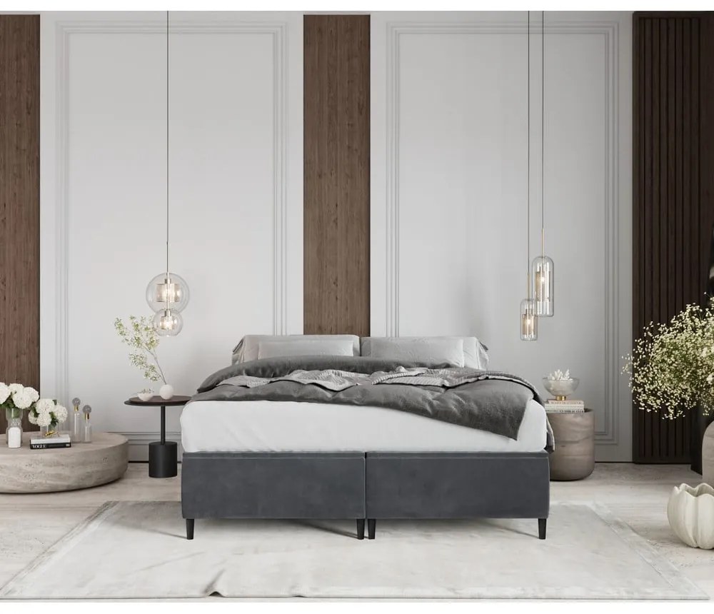 Pat matrimonial gri antracit tapițat cu spațiu de depozitare 180x200 cm Tate – Maison de Rêve